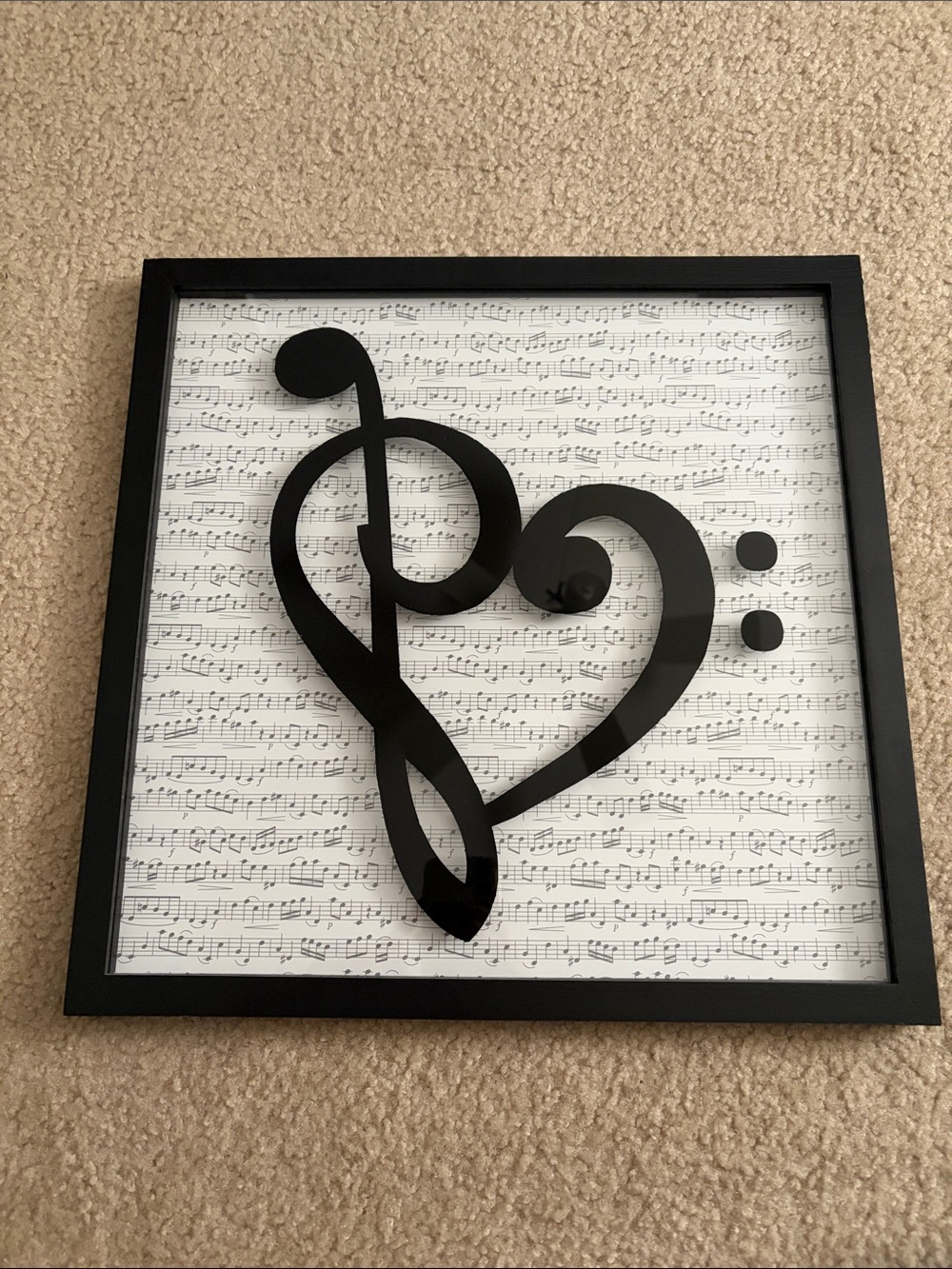 Black Musical Heart Treble and Bass Clef Framed Wall Art